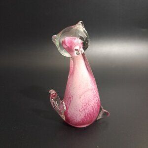 Handcrafted Glass Cat Figurine With Pink Clear Design Vintage